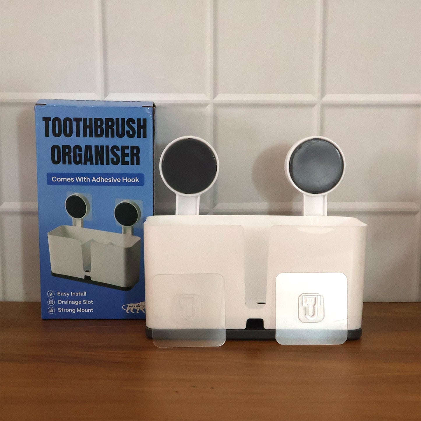 Wall Mounted 3 Compartment Toothbrush Holder with Adhesive Installation (1 Pc)