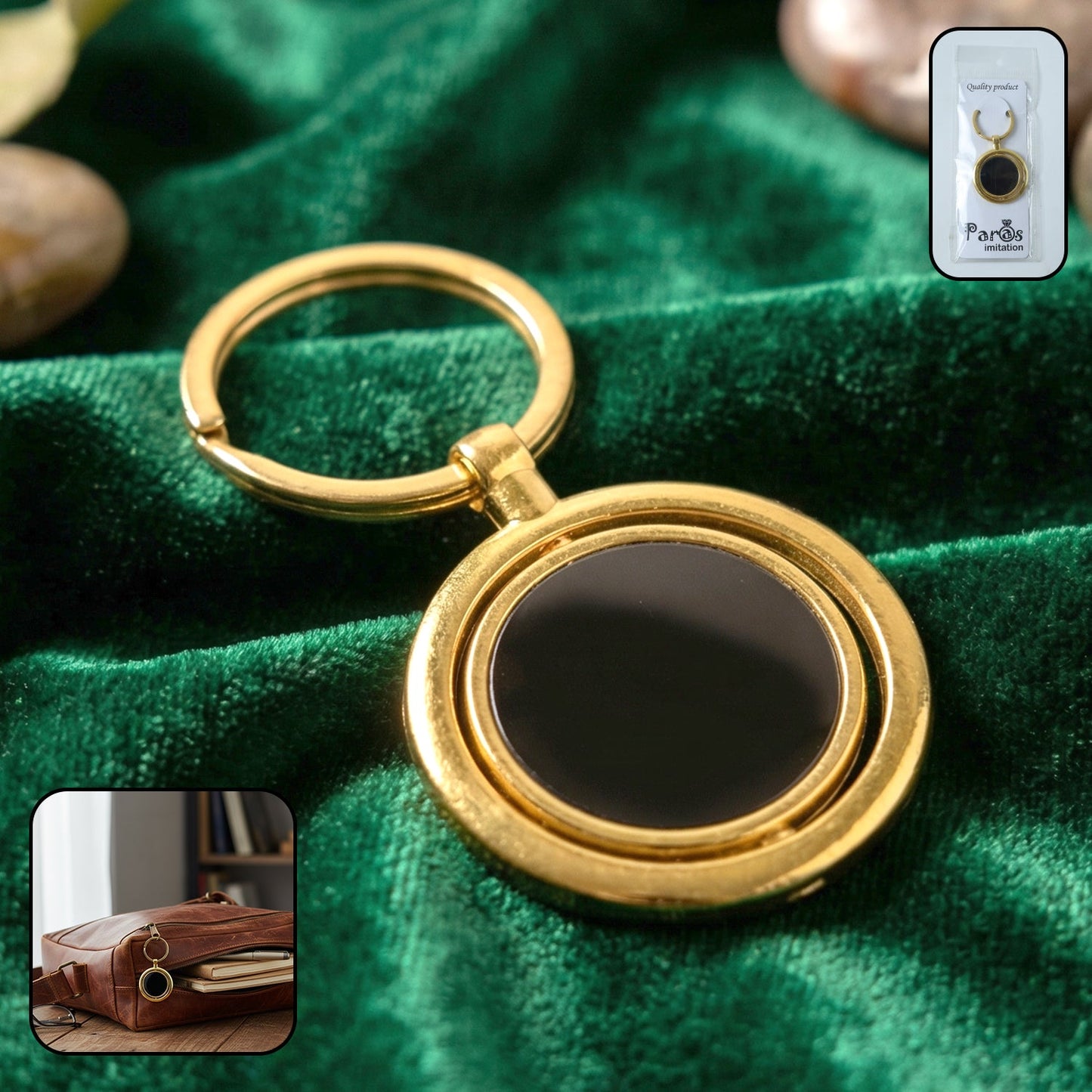 gold plated keychain with black round rotating pendant