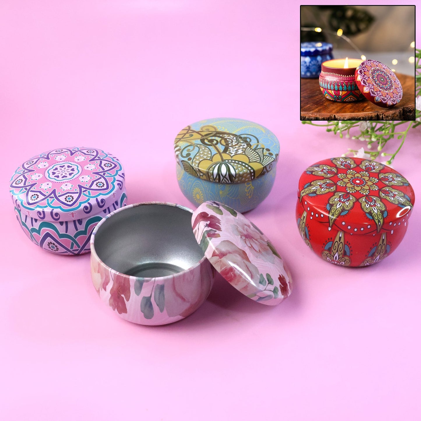 Premium Decorative Mandala Printed Metal Candle Container (4 Pc)