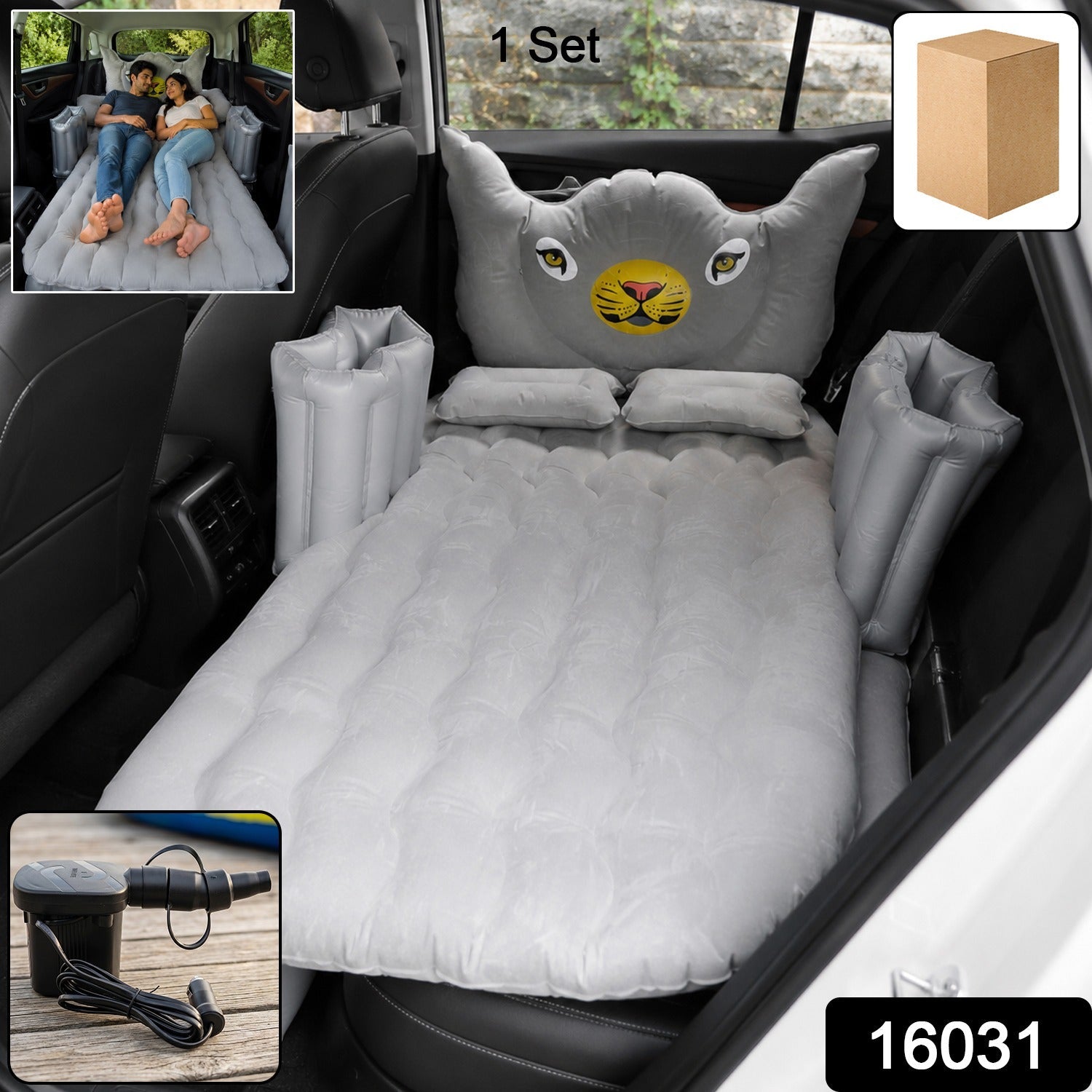 7 Pc Car Air Mattress Bed Set with Tiger Pillow and Air Pump