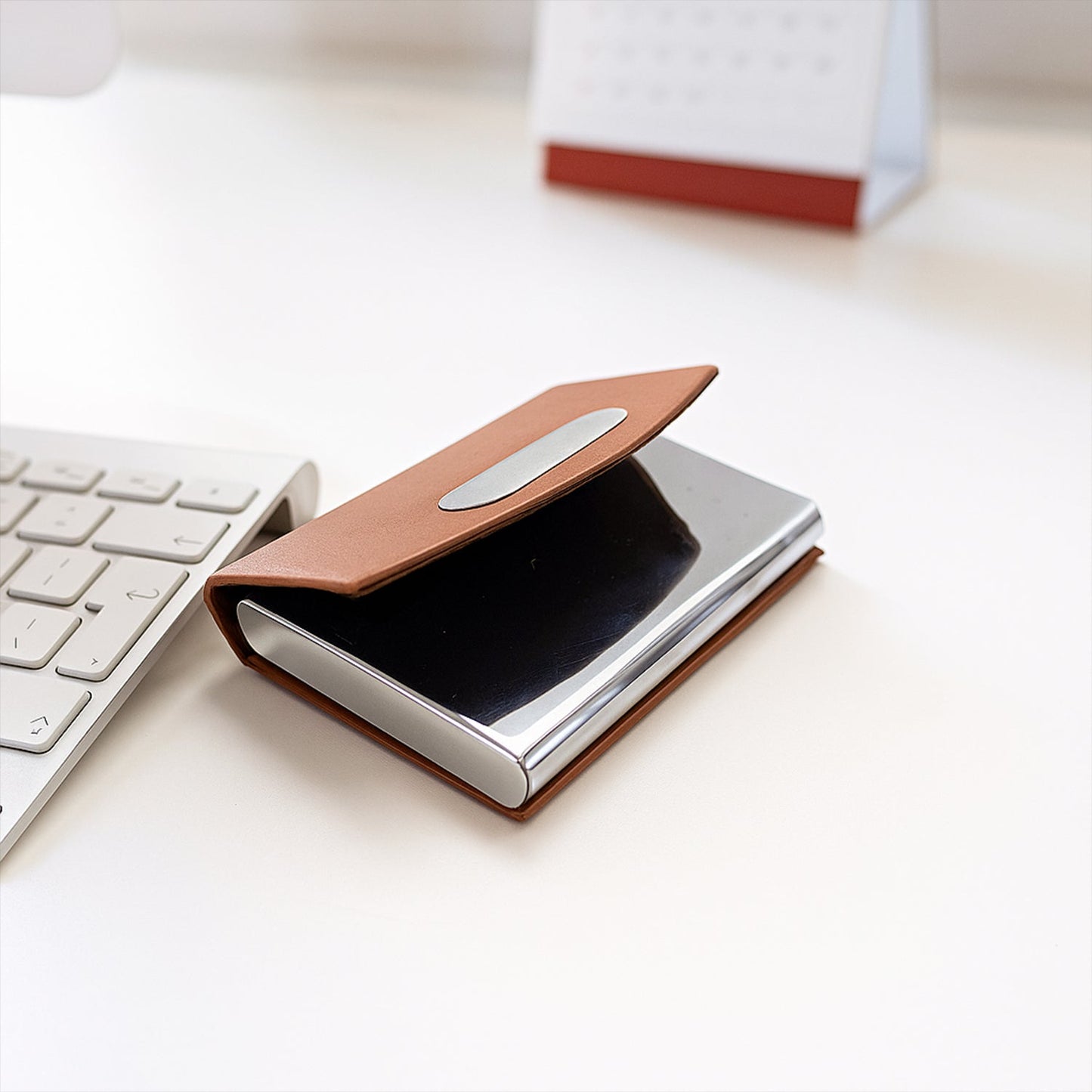 Leather & Stainless-Steel Business Card Holder (1 Pc)