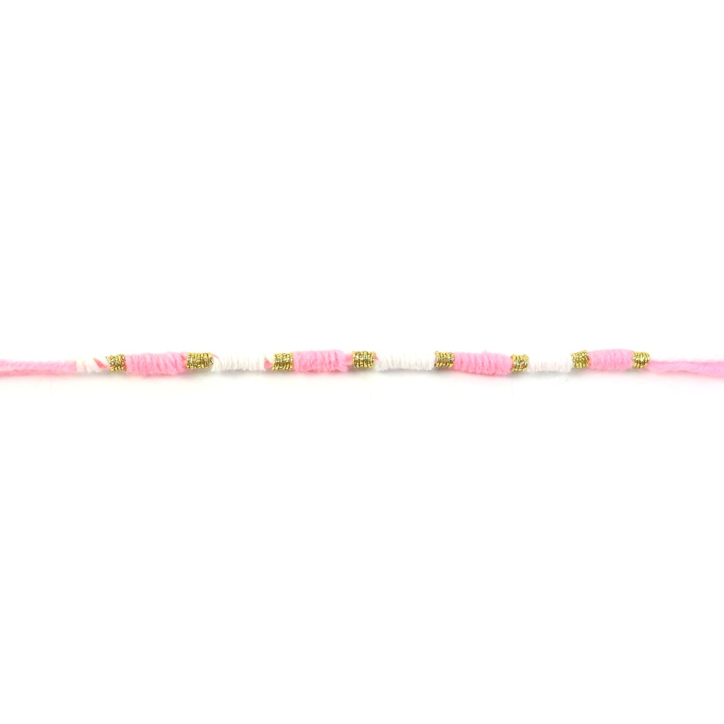 Cute Pink White Thread Rakhi for Brother with Golden Beads (1 Pc)