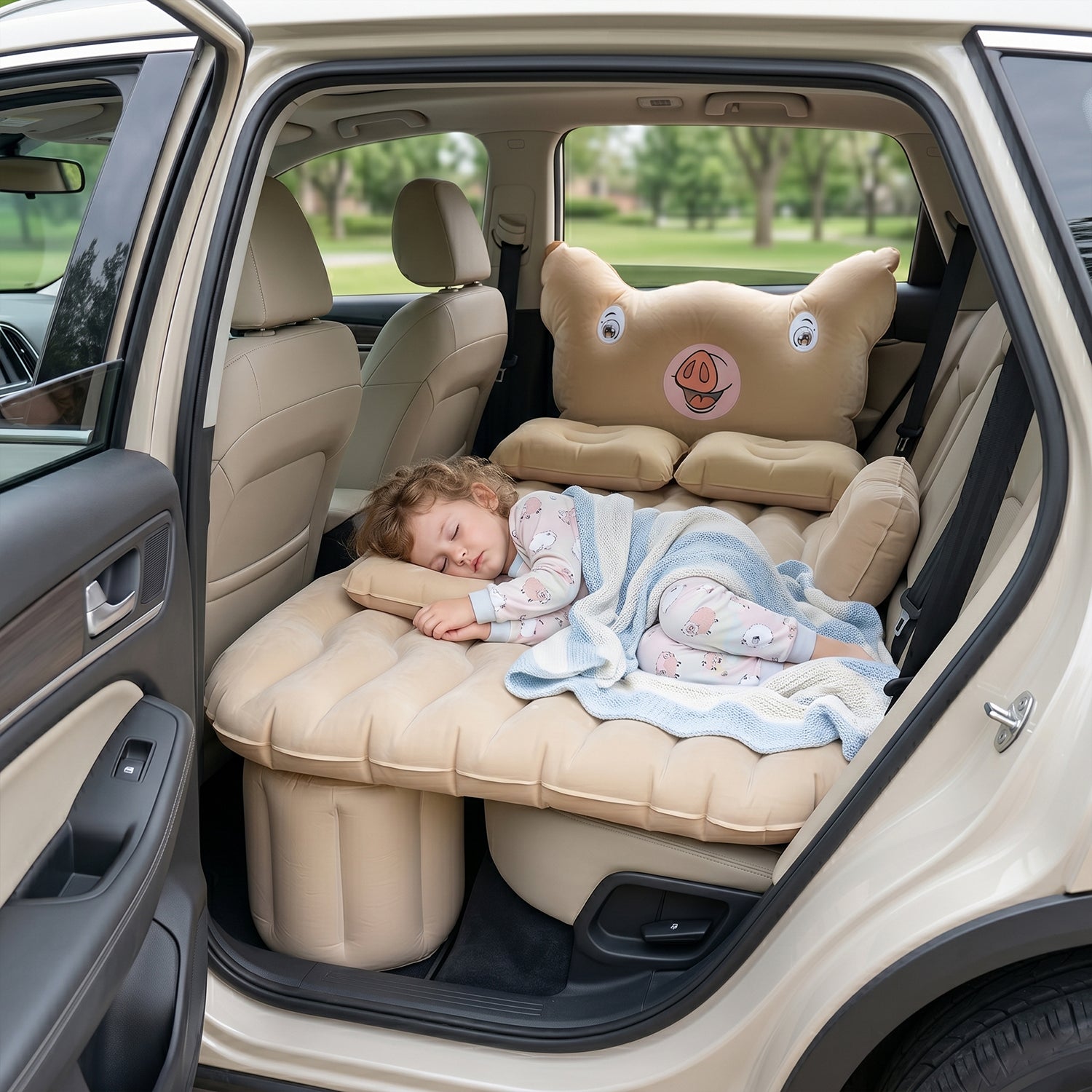 Child napping on inflatable car bed with pig pillow