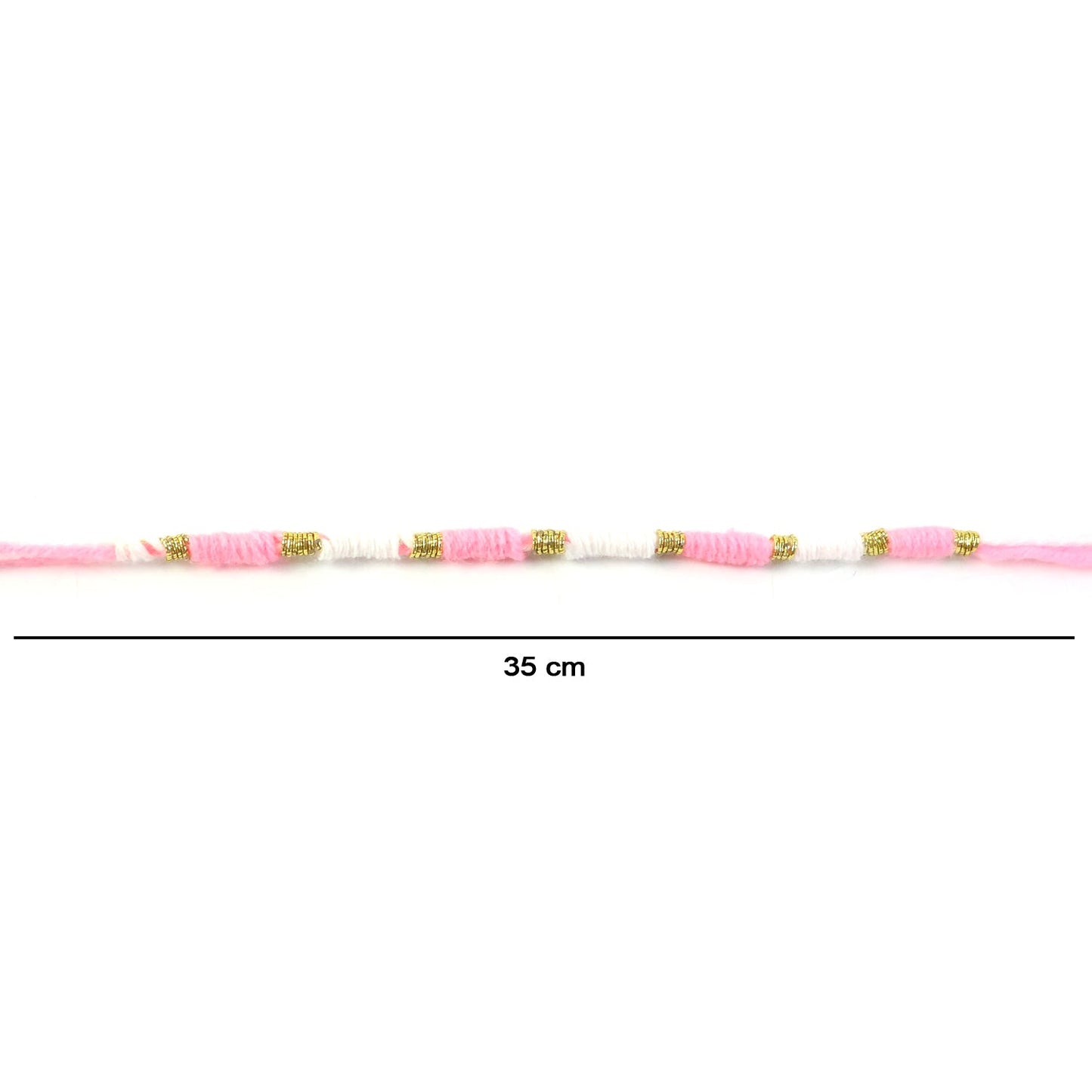 Cute Pink White Thread Rakhi for Brother with Golden Beads (1 Pc)