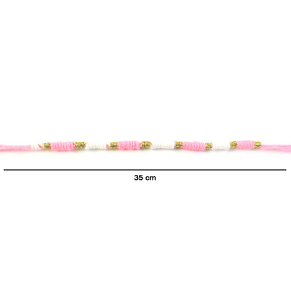 Cute Pink White Thread Rakhi for Brother with Golden Beads (1 Pc)
