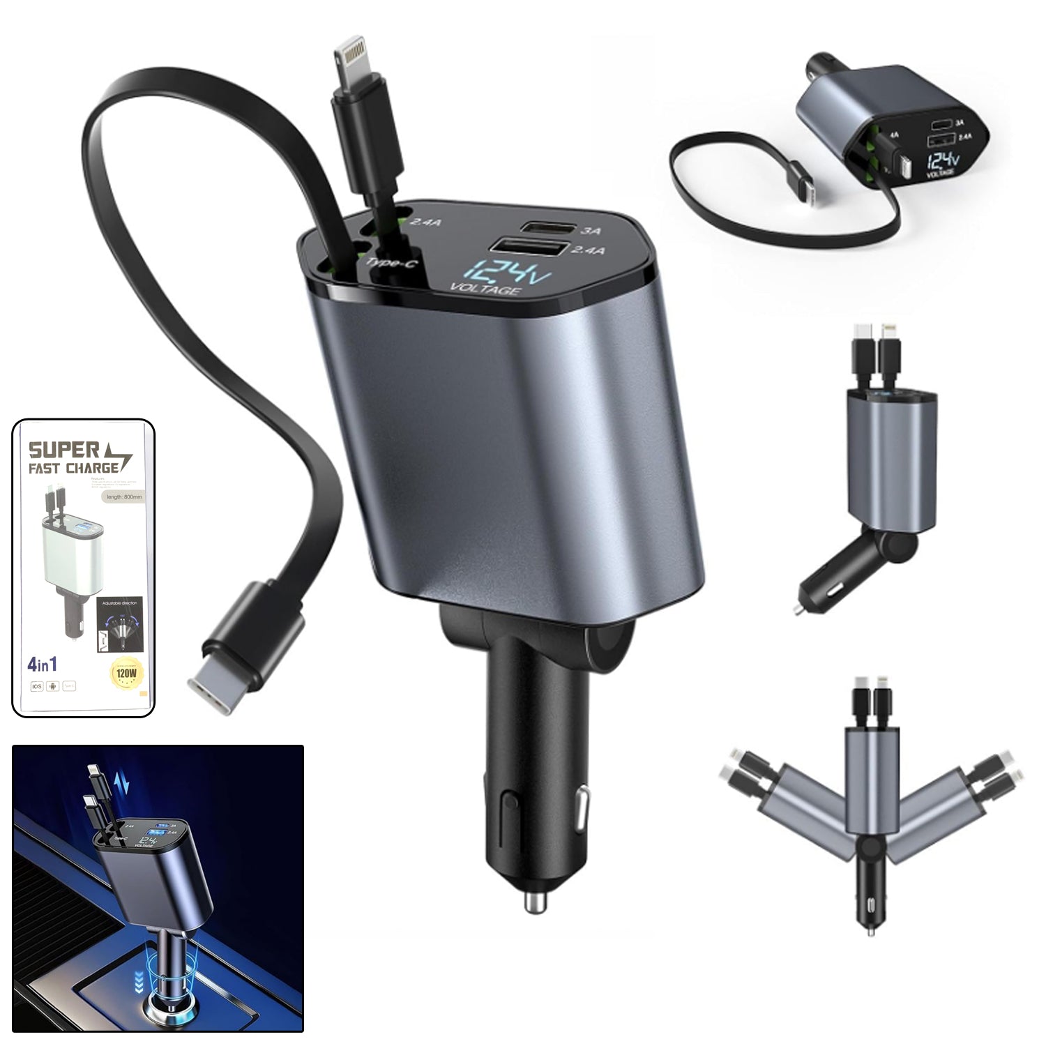  4-in-1 Super Fast Car Charger Dual Built-In Cables - main product shot