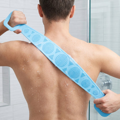 Man using silicone back scrubber in shower