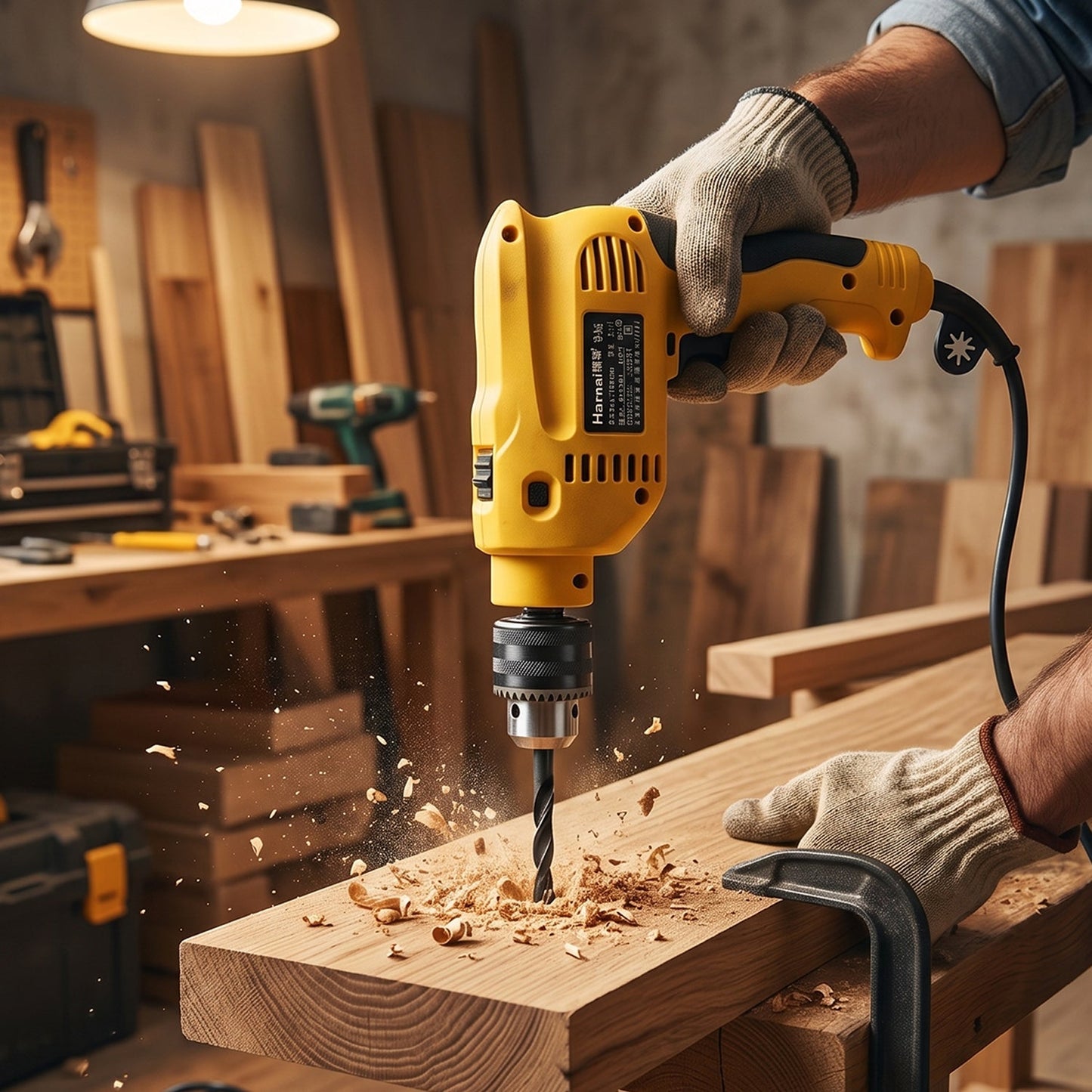 Electric drill drilling wood workshop lifestyle in use