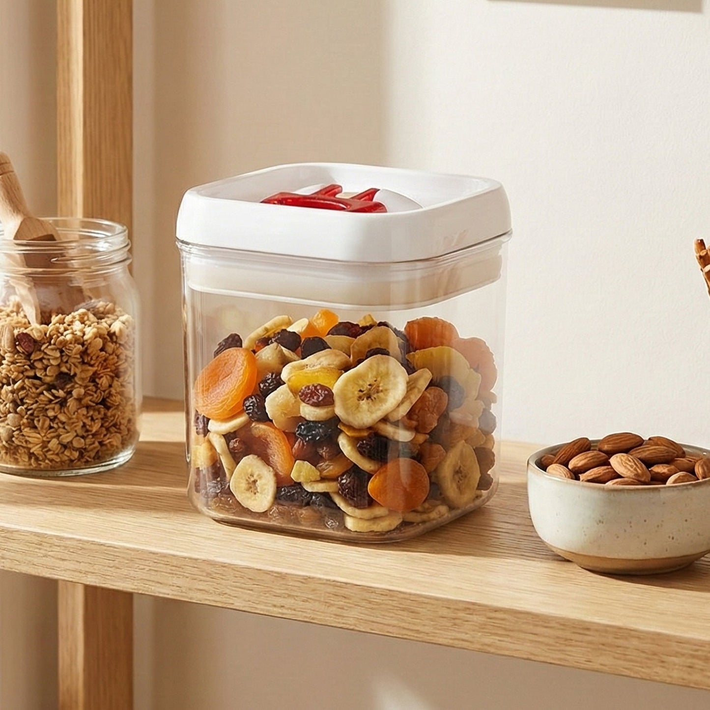 Clear storage box with secure red lid