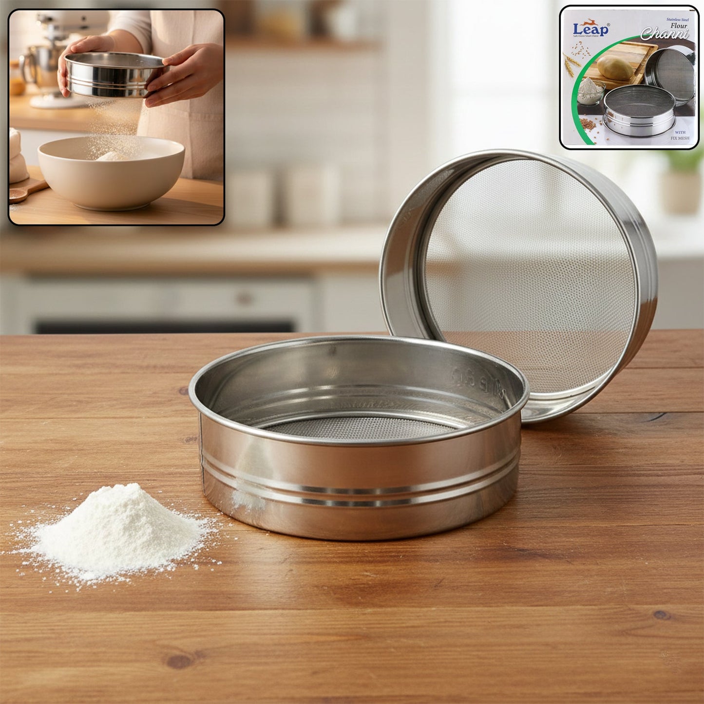 Fine mesh stainless steel atta sieve set for smooth flour