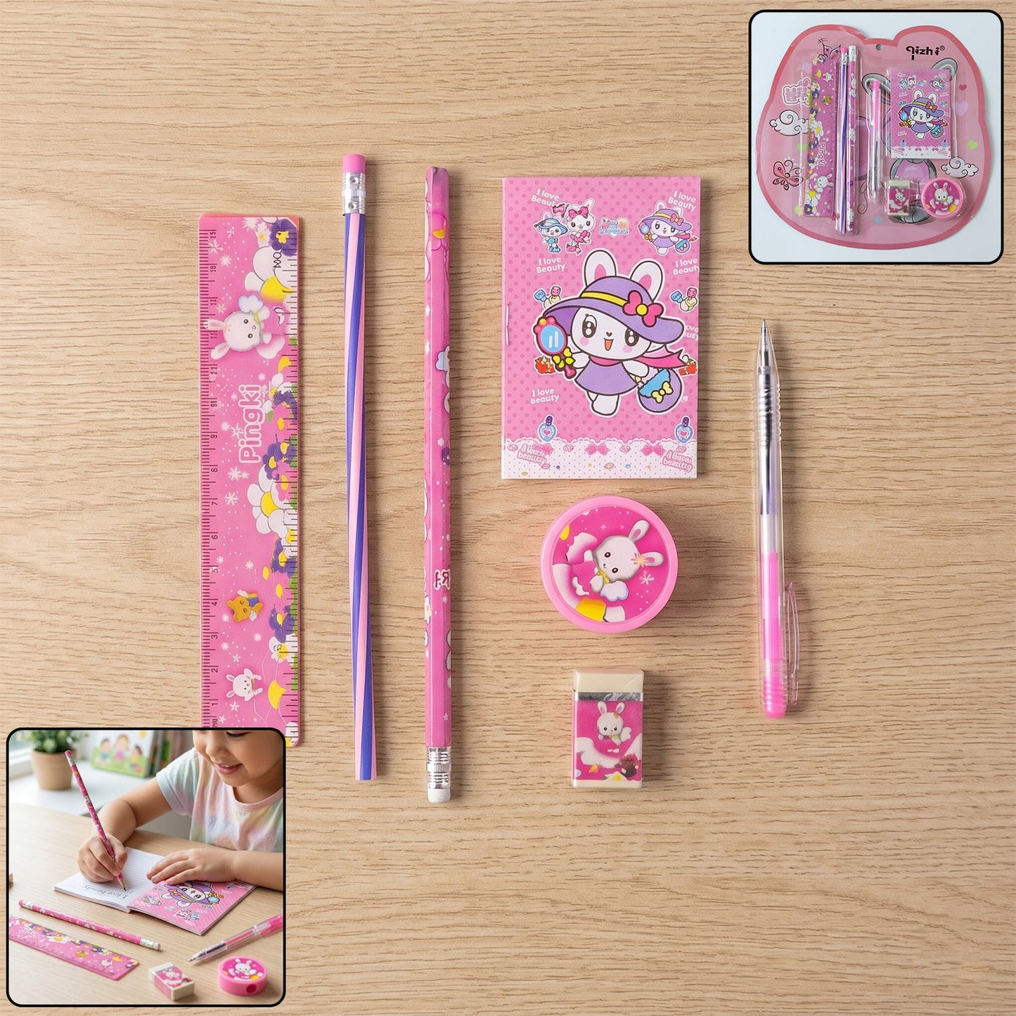 7-In-1 Cute Pink Stationery Set with Ruler, Pencil, Eraser, Pen, Notebook, Sharpener