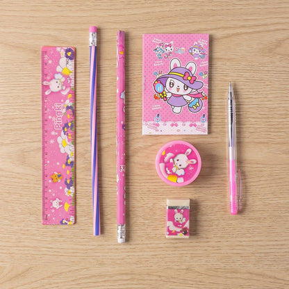 7-In-1 Cute Pink Stationery Set with Ruler, Pencil, Eraser, Pen, Notebook, Sharpener