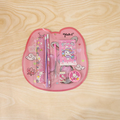 7-In-1 Cute Pink Stationery Set with Ruler, Pencil, Eraser, Pen, Notebook, Sharpener