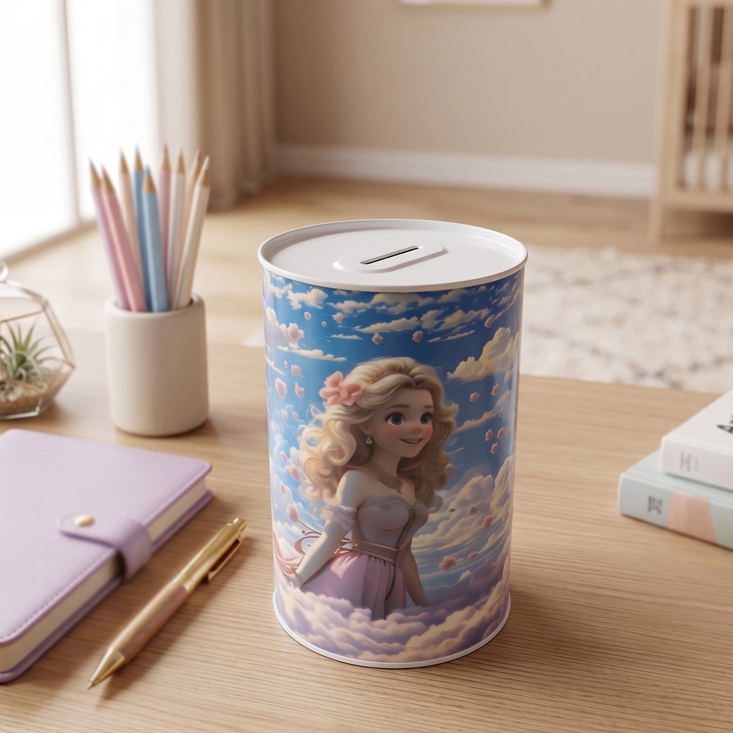 Cartoon Printed Metal Coin Saving Box – 1 Pc Cute Princess Design Money Bank for Kids