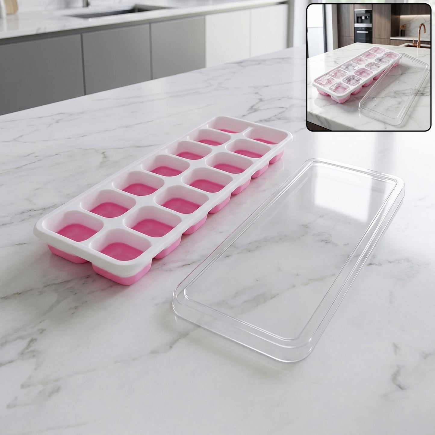 Multipurpose Plastic Ice Cube Tray With Lid (1 Pc, 14 Gride / Pink)