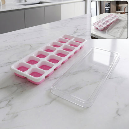 Multipurpose Plastic Ice Cube Tray With Lid (1 Pc, 14 Gride / Pink)