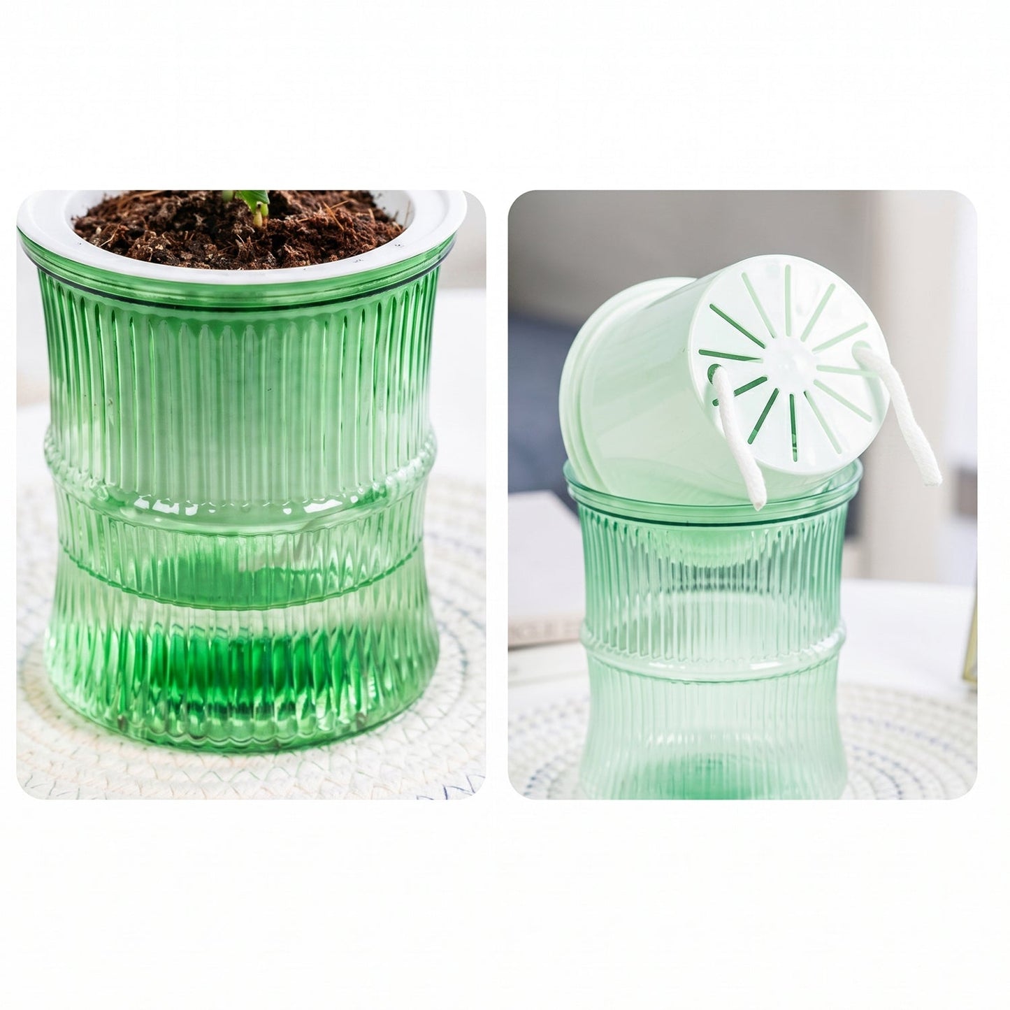 Self-Watering Bamboo Style Plastic Flower Pot with Cotton Wick (1 Pc)