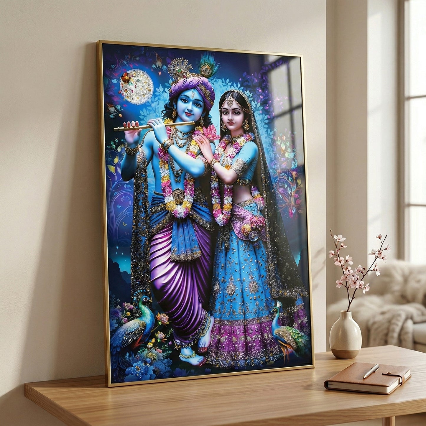 Divine Radha Krishna Full Moon Artistic Wall Frame (1 Pc, 89x58 Cm)