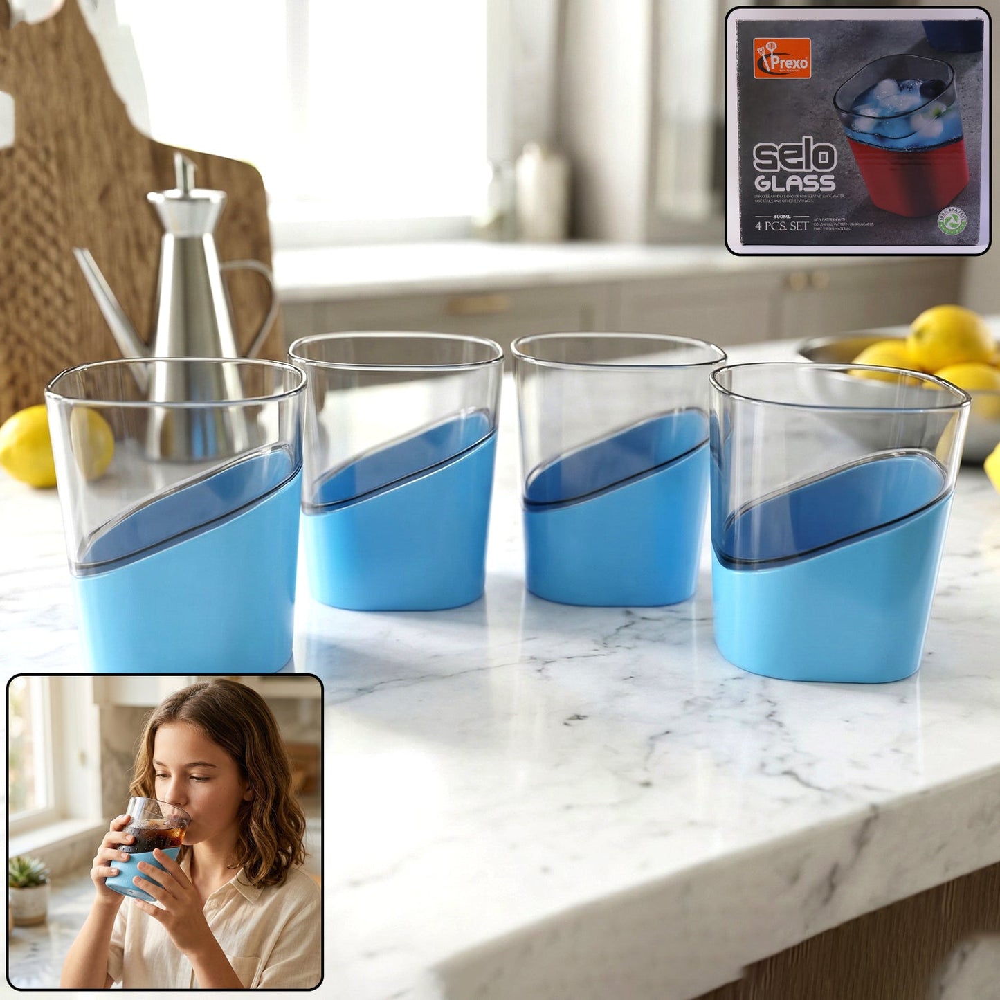 Prexo Stylish Grip Base Plastic Selo Glass (4 Pc, Set 300 ML Each)