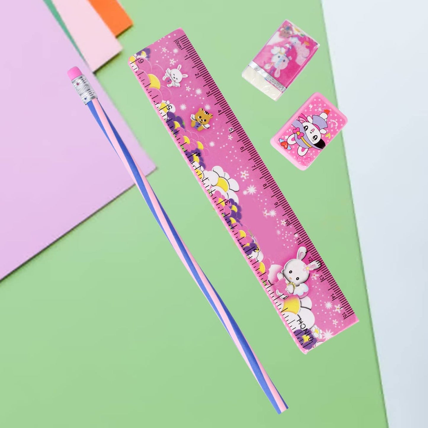 4-In-1 Cute Pink Stationery Set with Ruler, Pencil, Eraser & Sharpener