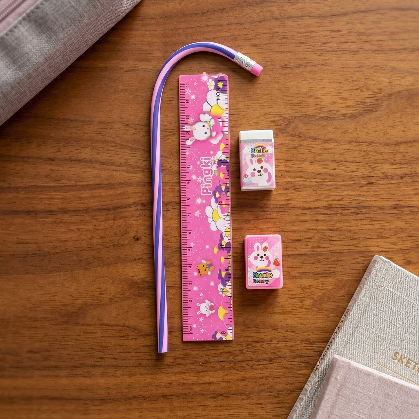 4-In-1 Cute Pink Stationery Set with Ruler, Pencil, Eraser & Sharpener
