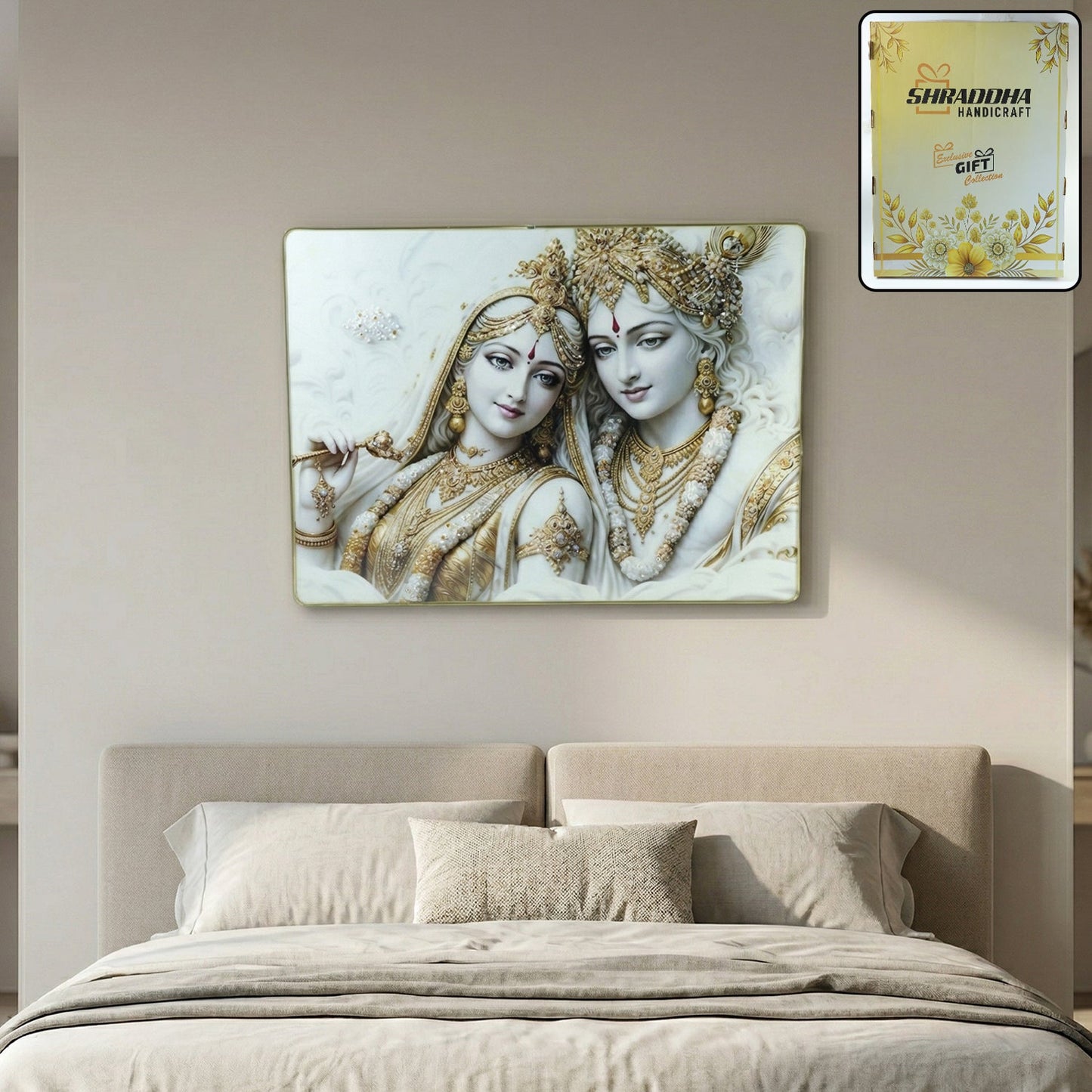Premium Radha Krishna Royal White Gold Finish Wall Art Frame (1 Pc, 60x45 Cm)