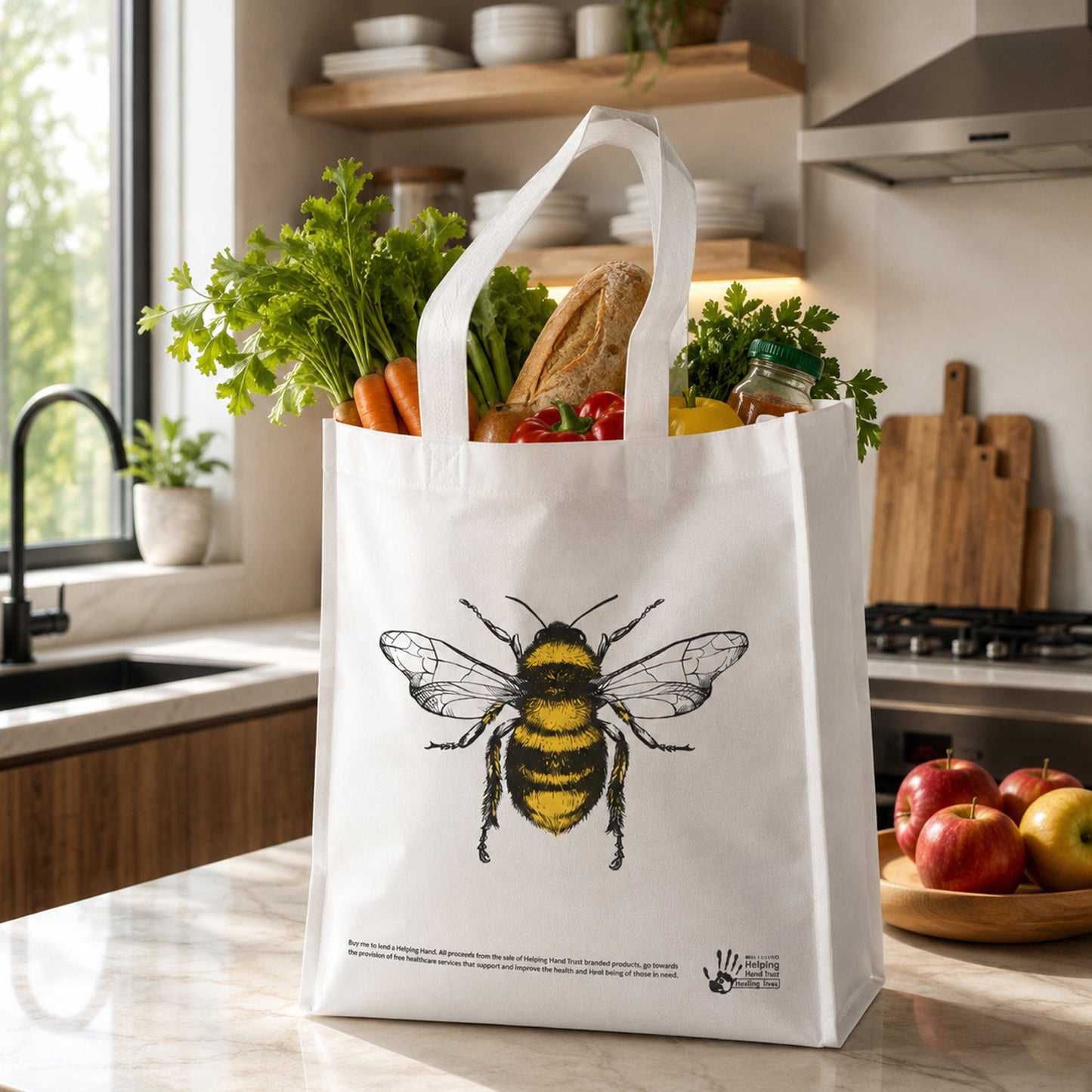 Bee Tote Bag with Groceries in Kitchen