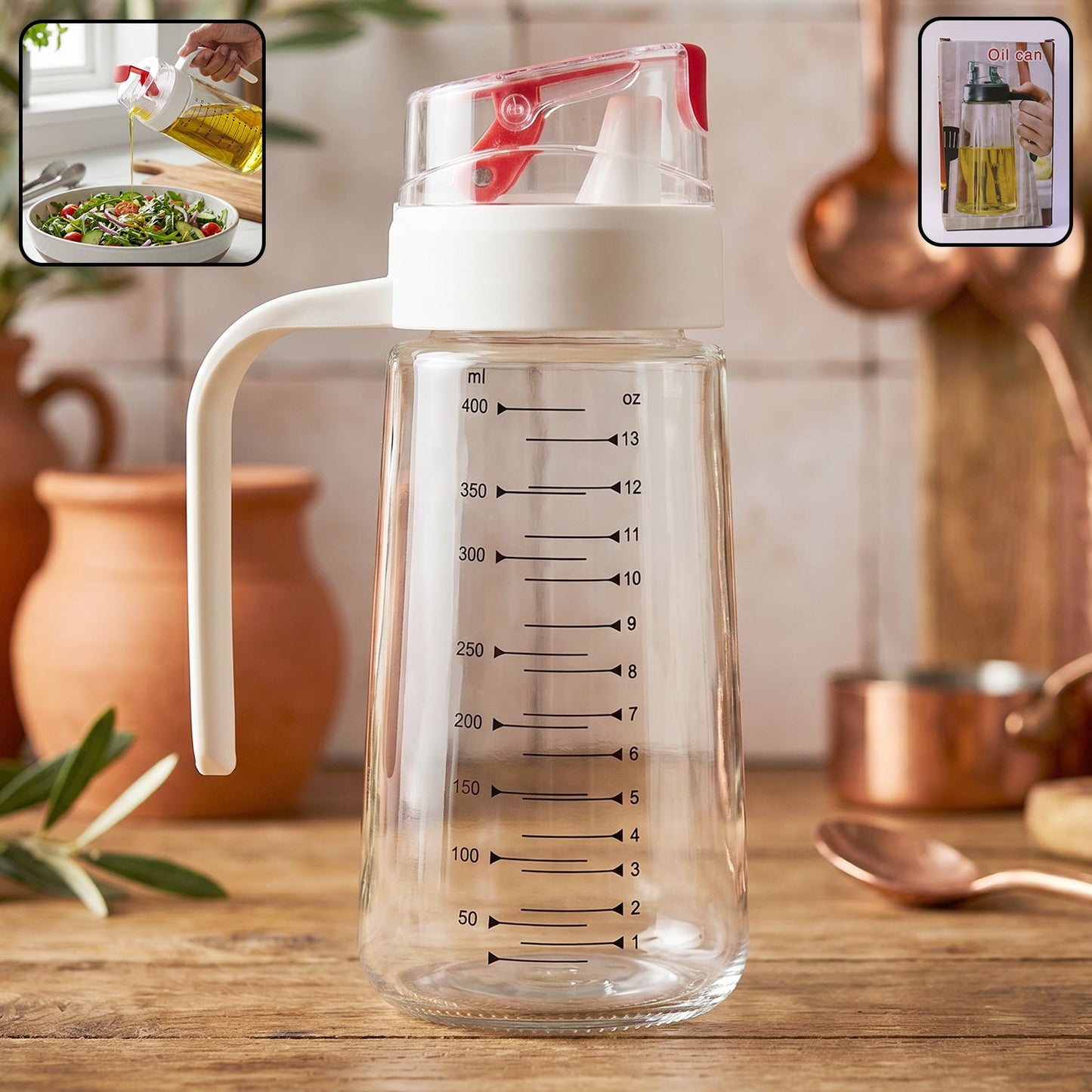 Glass Oil Dispenser Bottle 500ml on Kitchen Counter with Usage Inset Showing Oil Pouring and Side Handle Grip Close-up