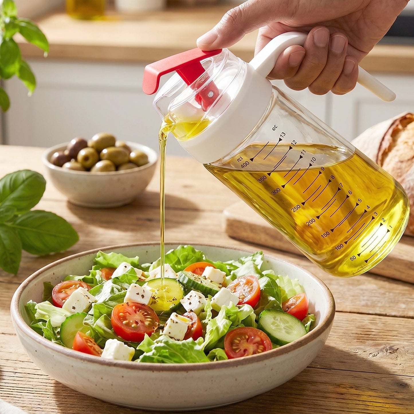 Hand Pouring Olive Oil from Glass Dispenser Bottle with Red Auto-Flip Lever onto Fresh Greek Salad with Tomatoes, Feta and Cucumber