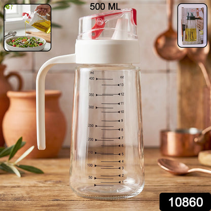 500ml Glass Oil Dispenser Bottle with Auto-Flip Cap, Measurement Markings and Usage Inset Images Showing Oil Pouring on Salad