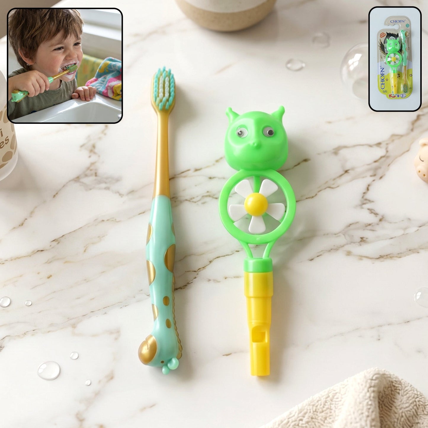Kids Toothbrush with Cute Animal Whistle Toy Set